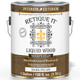 Retique It Liquid Wood Wood'n Stain in Dark Pecan, 128 oz bottle, showing the stain's rich dark pecan color and product label.