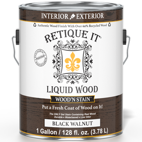 Retique It Liquid Wood Wood'n Stain in Black Walnut, 128 oz, showcasing the front view of the stain container with label details.