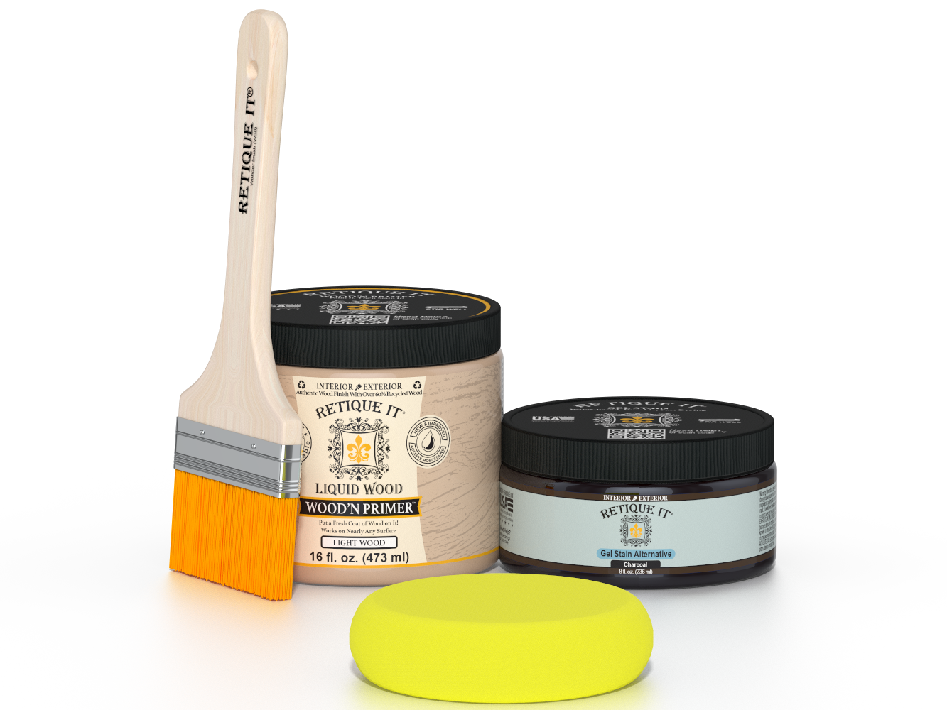 Retique It® Charcoal Brush-On Kit includes a brush, Light Wood primer, Charcoal Gel Stain Alternative, and a yellow sponge.