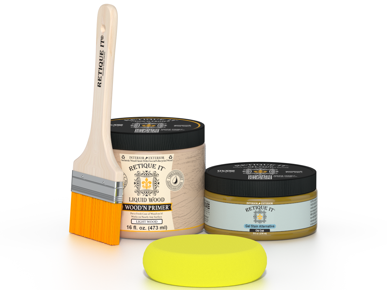 Retique It® Old Oak Brush-On Kit includes a brush, Light Wood primer, Old Oak Gel Stain Alternative, and a yellow sponge.