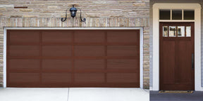 Retique It® Wood'n Finish Kit in Red Mahogany for exterior wood surfaces, garage door with grained wood appearance.