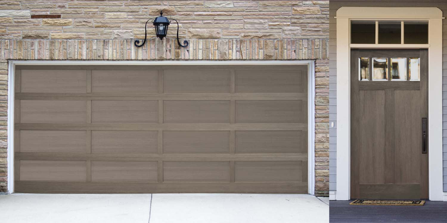 Retique It Multi-purpose Smooth Finish Kit in Harbor Gray for interior wood surfaces, featuring a garage door with smooth top coat application.