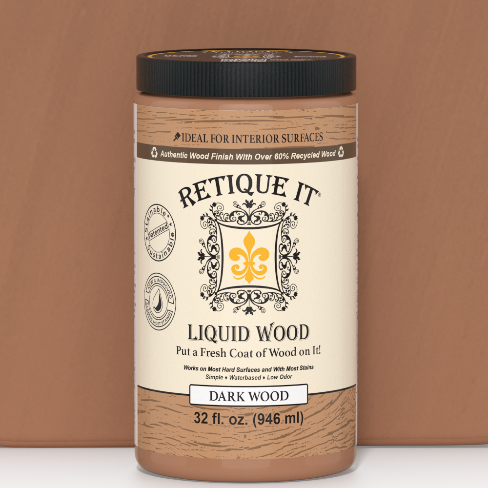 Retique It® Liquid Wood interior paint in 32oz dark finish, shown next to a color swatch for wood furniture or decor.
