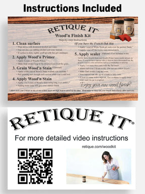 Retique It Wood'n Cabinet Kit with 24 grained doors in Harbor Gray stain, shown with application instructions.