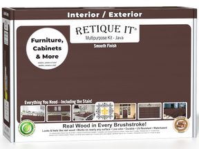 Retique It® Multi-purpose Smooth Finish Kit in Java for exterior wood, includes top coat with matte finish, wood finishing tools.