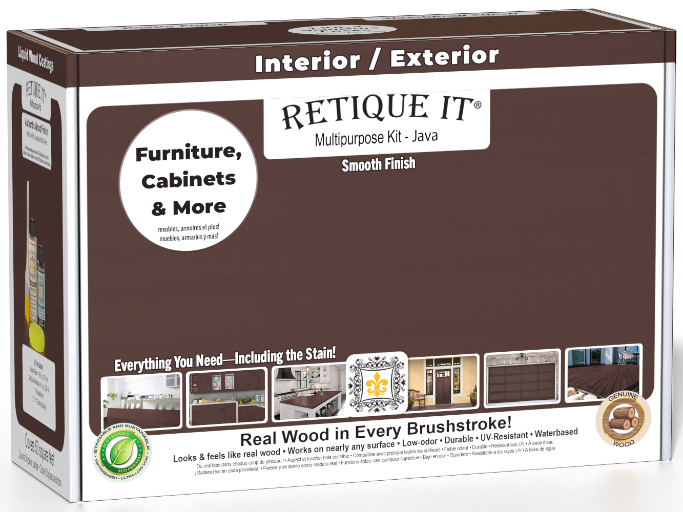 Retique It® Multi-purpose Smooth Finish Kit in Java for wood finishing, includes all necessary tools and materials in a box.