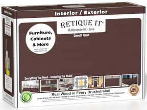 Retique It® Multi-purpose Smooth Finish Kit in Java for interior wood projects, including top coat and application tools.