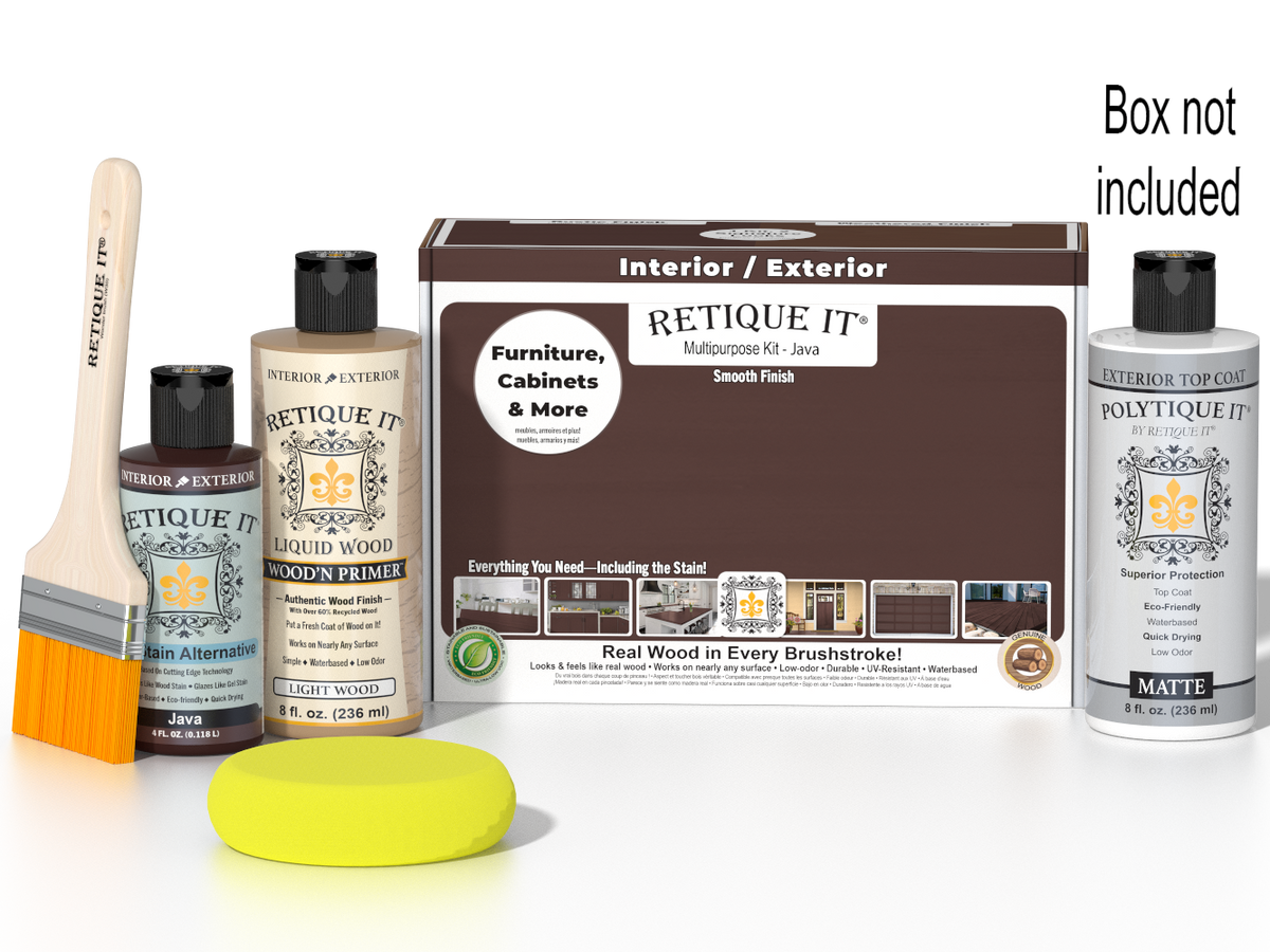 Retique It® Multi-purpose Smooth Finish Kit in Java for exterior wood, includes top coat with matte finish, shown with components and box.