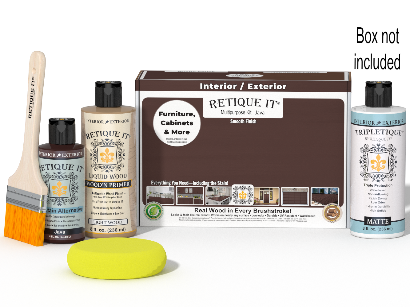 Retique It® Java Multi-purpose Smooth Finish Kit for interior wood projects, includes top coat and application tools.