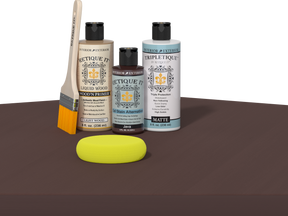 Retique It® Multi-purpose Smooth Finish Kit in Java for interior wood top coats, shown on a wooden table.