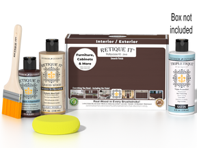 Retique It® Multi-purpose Smooth Finish Kit in Java for interior wood projects, includes top coat and application tools.
