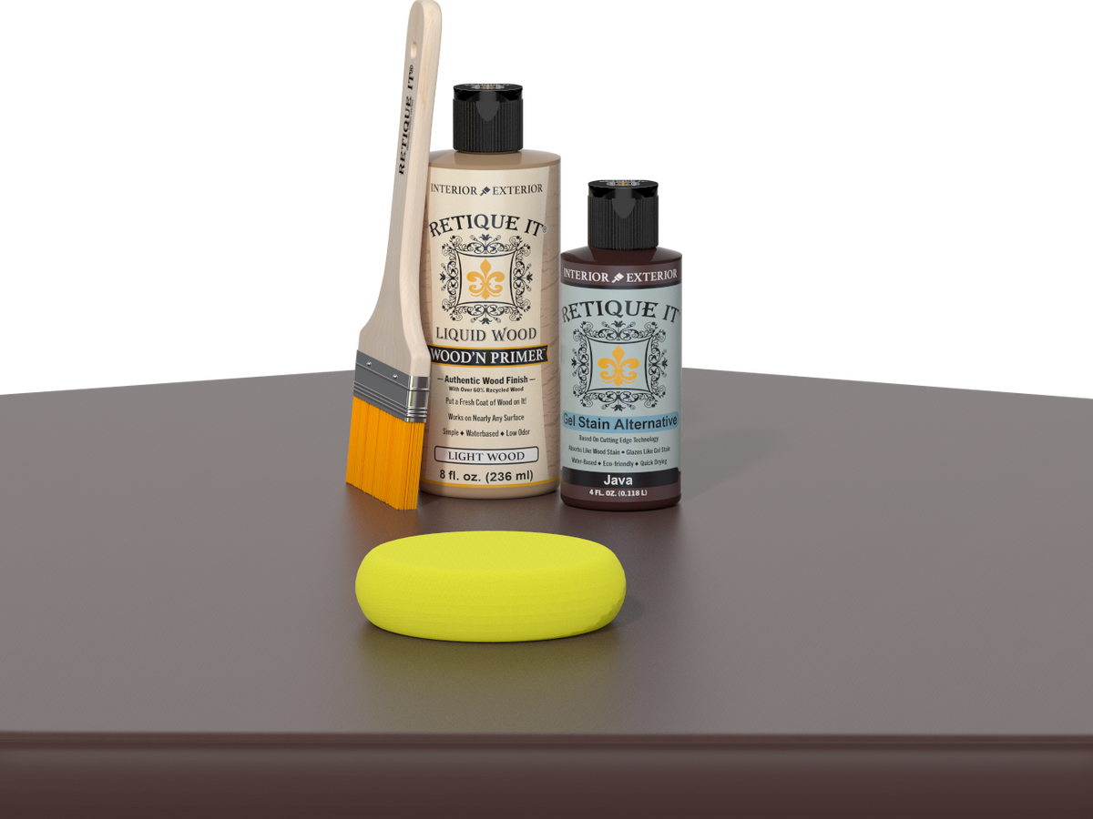 Retique It® Multi-purpose Smooth Finish Kit in Java for wood finishing, shown on a table surface.