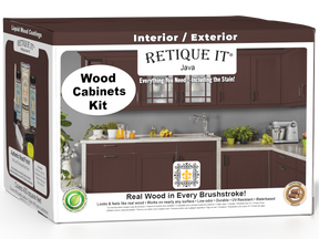 Retique It® Wood'n Cabinet Kit with Java stain, featuring 48 smooth cabinet doors and box components, ready for installation.