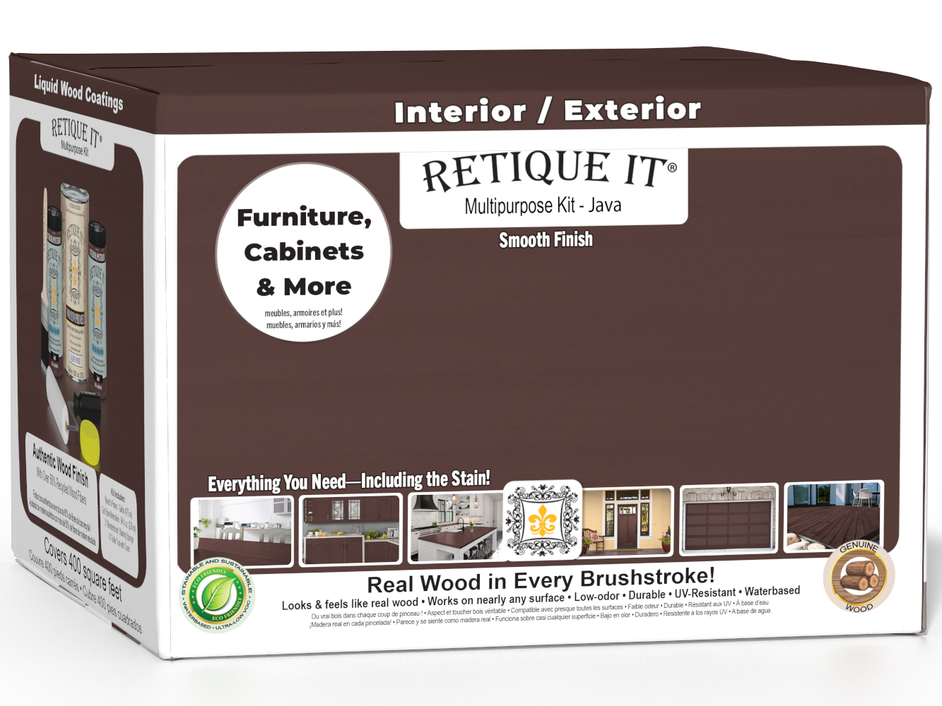 Retique It® Multi-purpose Smooth Finish Kit in Java, a wood finish kit with four large containers, shown in a box.
