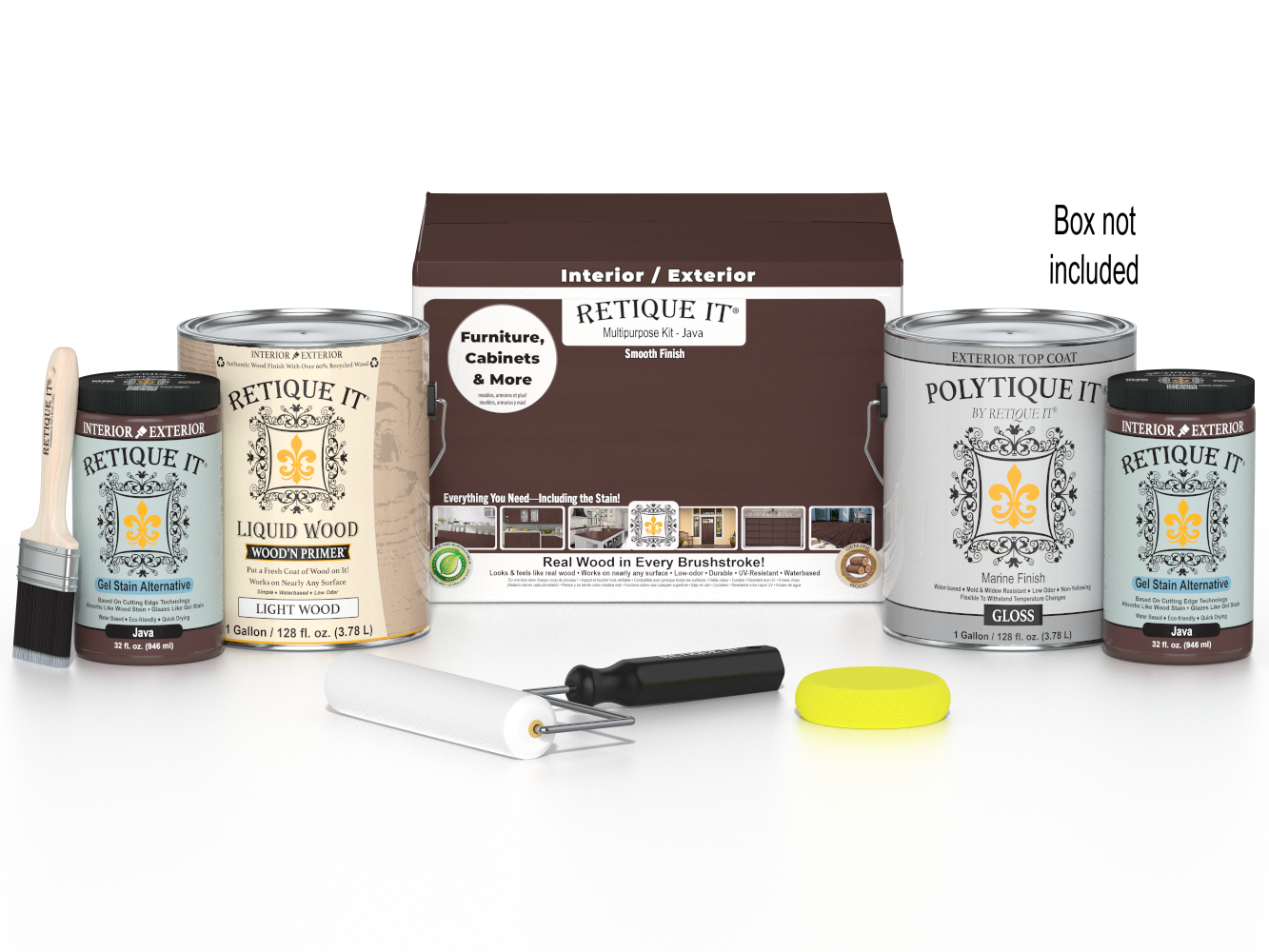 Retique It® Multi-purpose Smooth Finish Kit in Java, exterior wood top coat with four large wood finish containers and application tools.