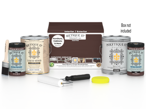 Retique It® Multi-purpose Smooth Finish Kit in Java, exterior wood top coat with four large wood finish containers and application tools.