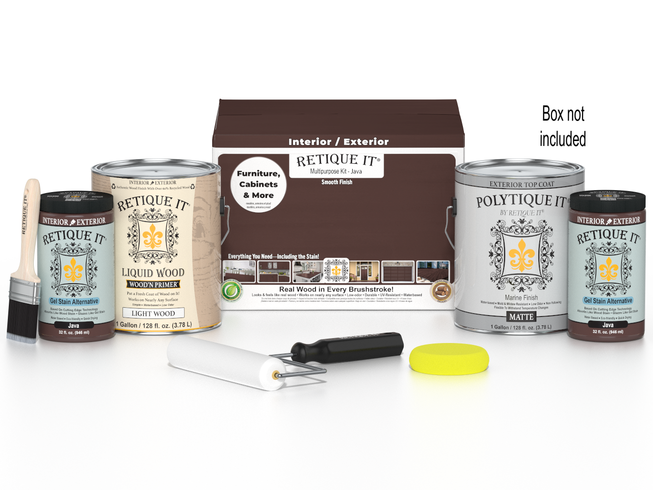 Retique It® Multi-purpose Smooth Finish Kit in Java for exterior wood projects, includes four large top coat bottles and application tools.
