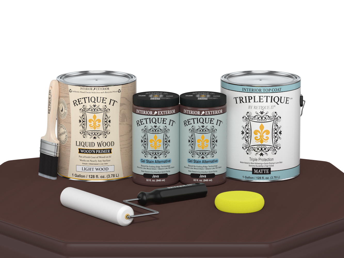 Retique It® Multi-purpose Smooth Finish Kit in Java with satin interior top coat, includes four large wood finishing tools.