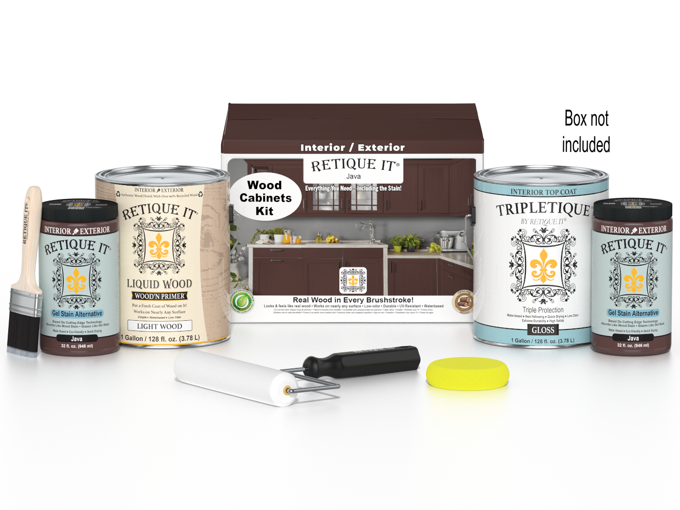 Retique It® Wood'n Cabinet Kit with 48 Java-stained cabinet doors, smooth finish, designed for kitchen or bathroom cabinetry.