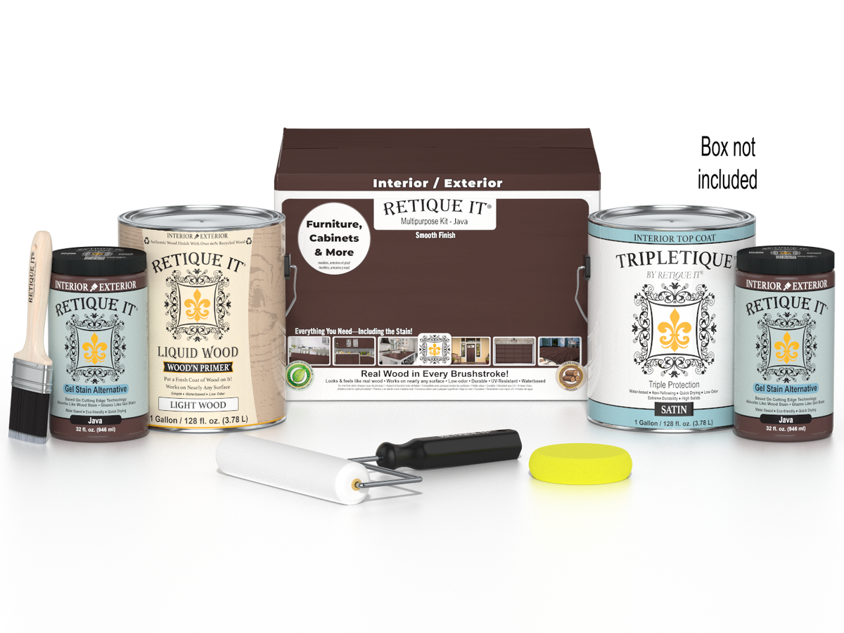 Retique It Multi-purpose Smooth Finish Kit for Java wood interior top coat, satin finish with four large bottles and application tools.