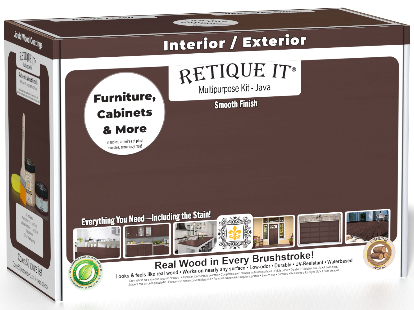 Retique It® Multi-purpose Smooth Finish Kit in Java for exterior wood, featuring a matte top coat and wood finishing components.