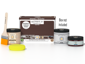 Retique It® Java Multi-purpose Smooth Finish Kit for exterior wood, includes top coat, shown with application tools and packaging.