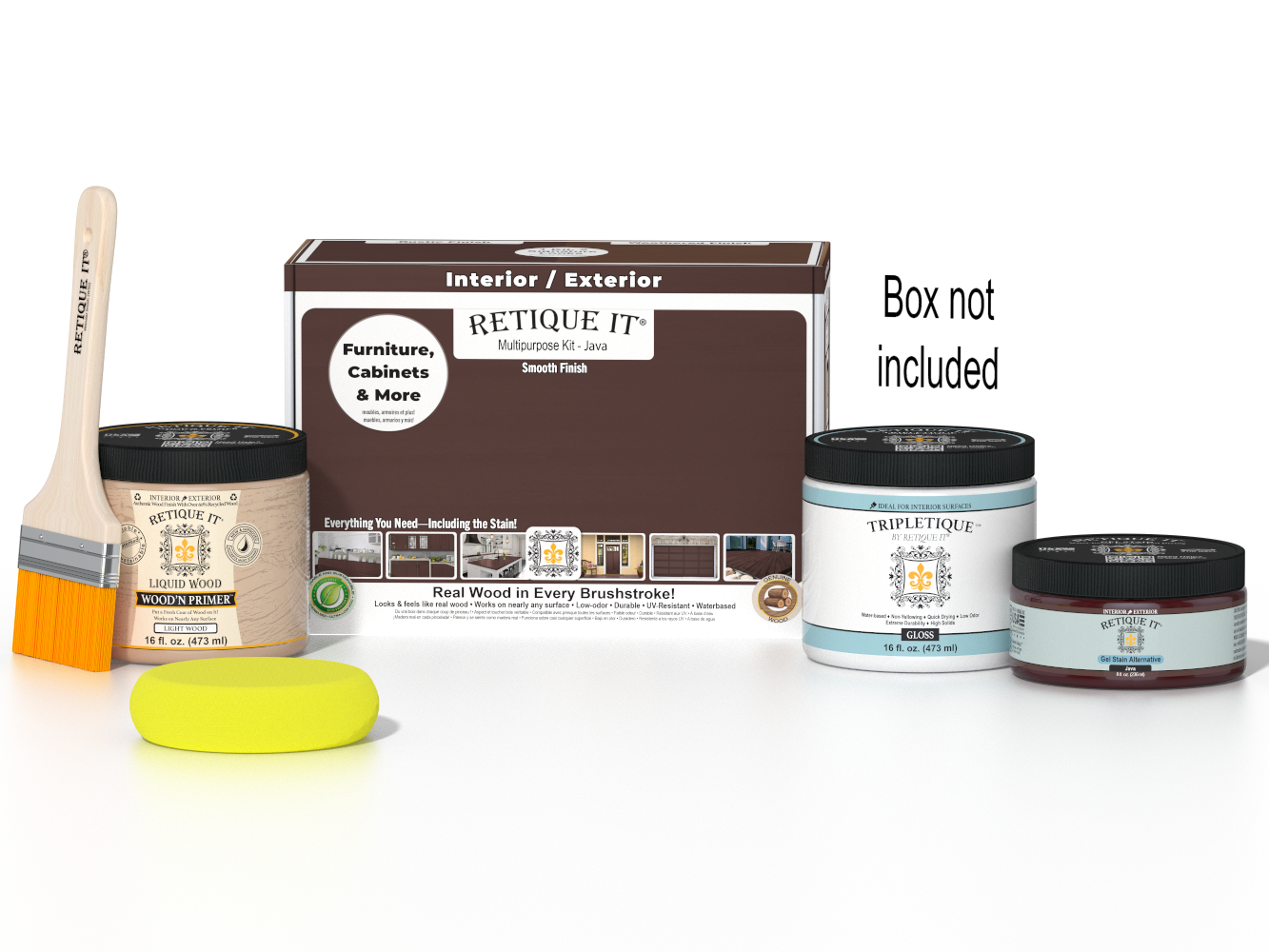 Retique It® Multi-purpose Smooth Finish Kit in Java for interior wood surfaces, includes top coat with glossy finish and application tools.