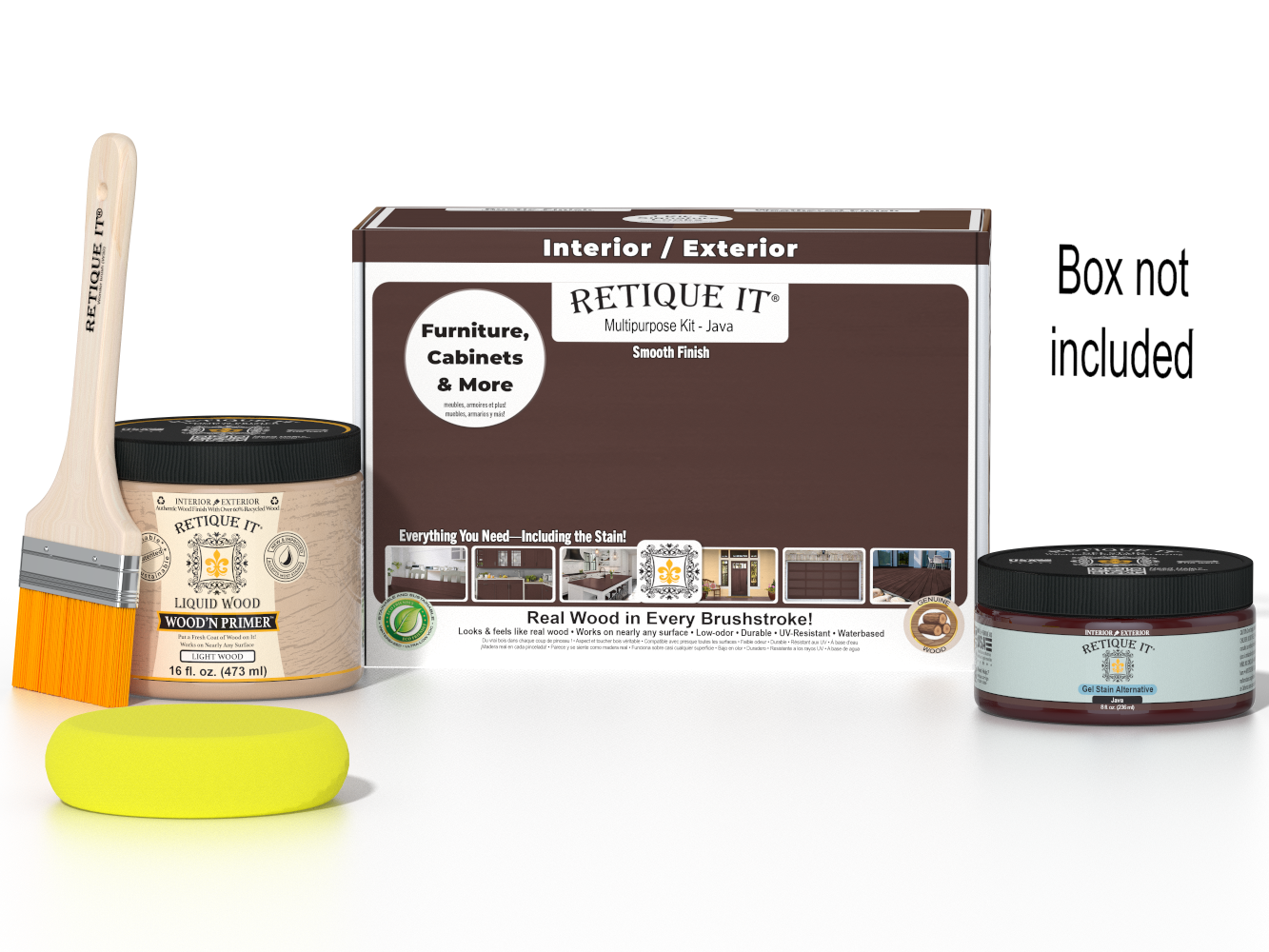 Retique It® Java Multi-purpose Smooth Finish Kit (Med) for wood furniture, includes brushes and finishing tools in a box.