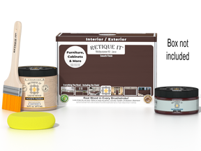 Retique It® Java Multi-purpose Smooth Finish Kit (Med) for wood furniture, includes brushes and finishing tools in a box.