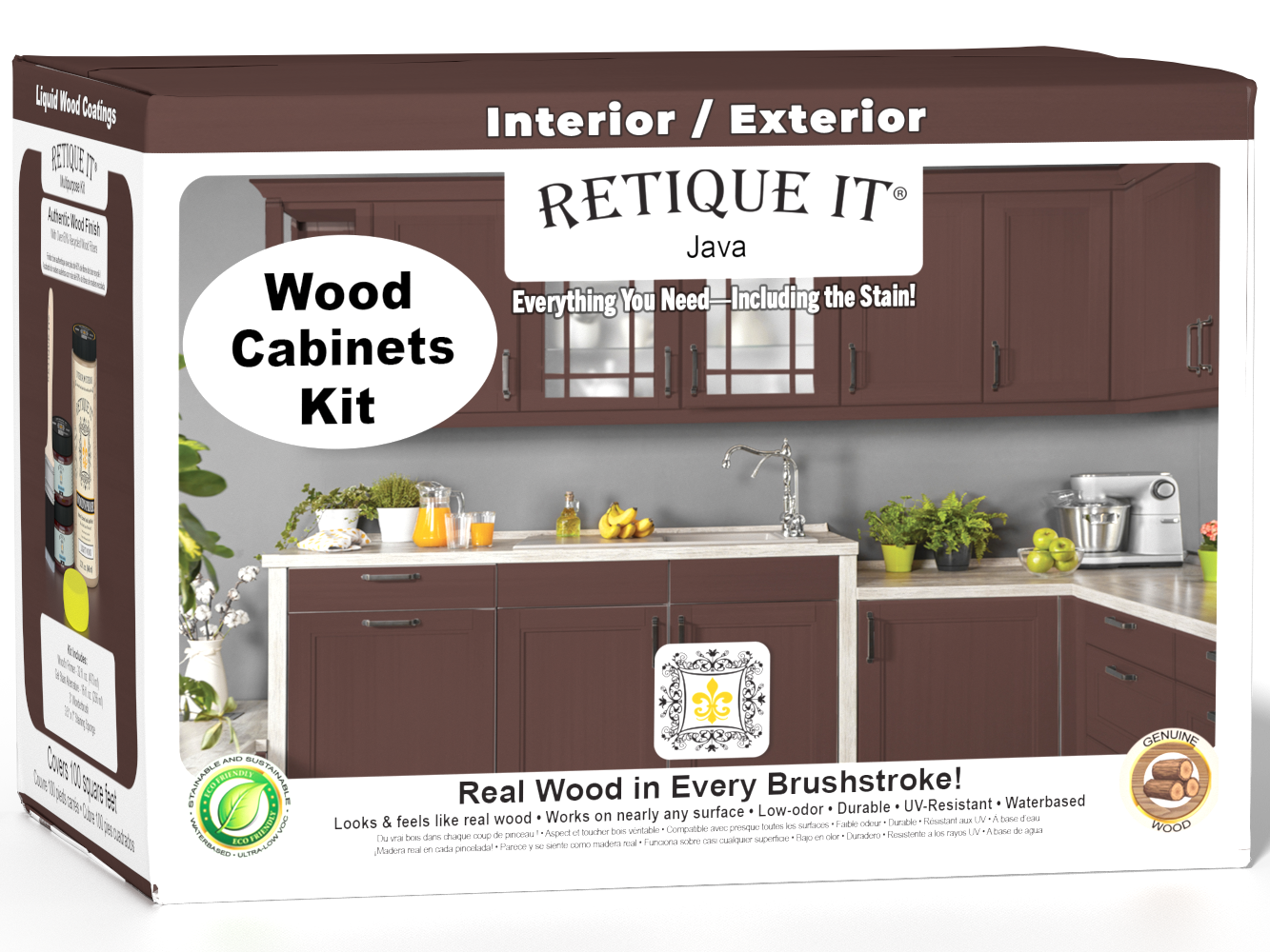 Retique It® Wood'n Cabinet Kit Java stain with 12 smooth cabinet doors, shown in a 3D box view.