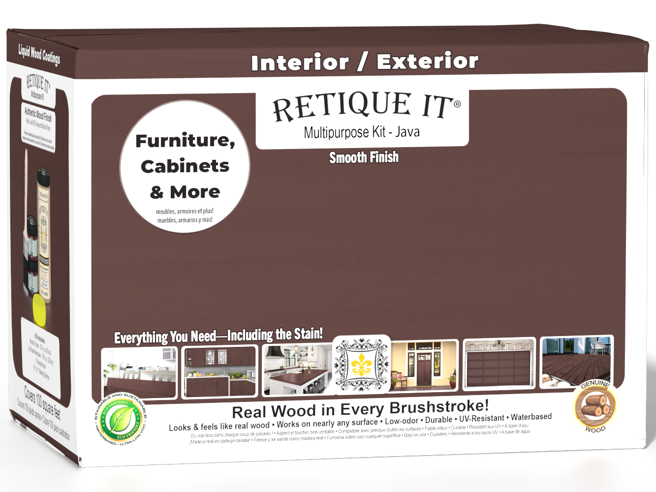 Large Java wood finish kit by Retique It® with smooth finish, includes multiple tools and products for wood finishing projects.