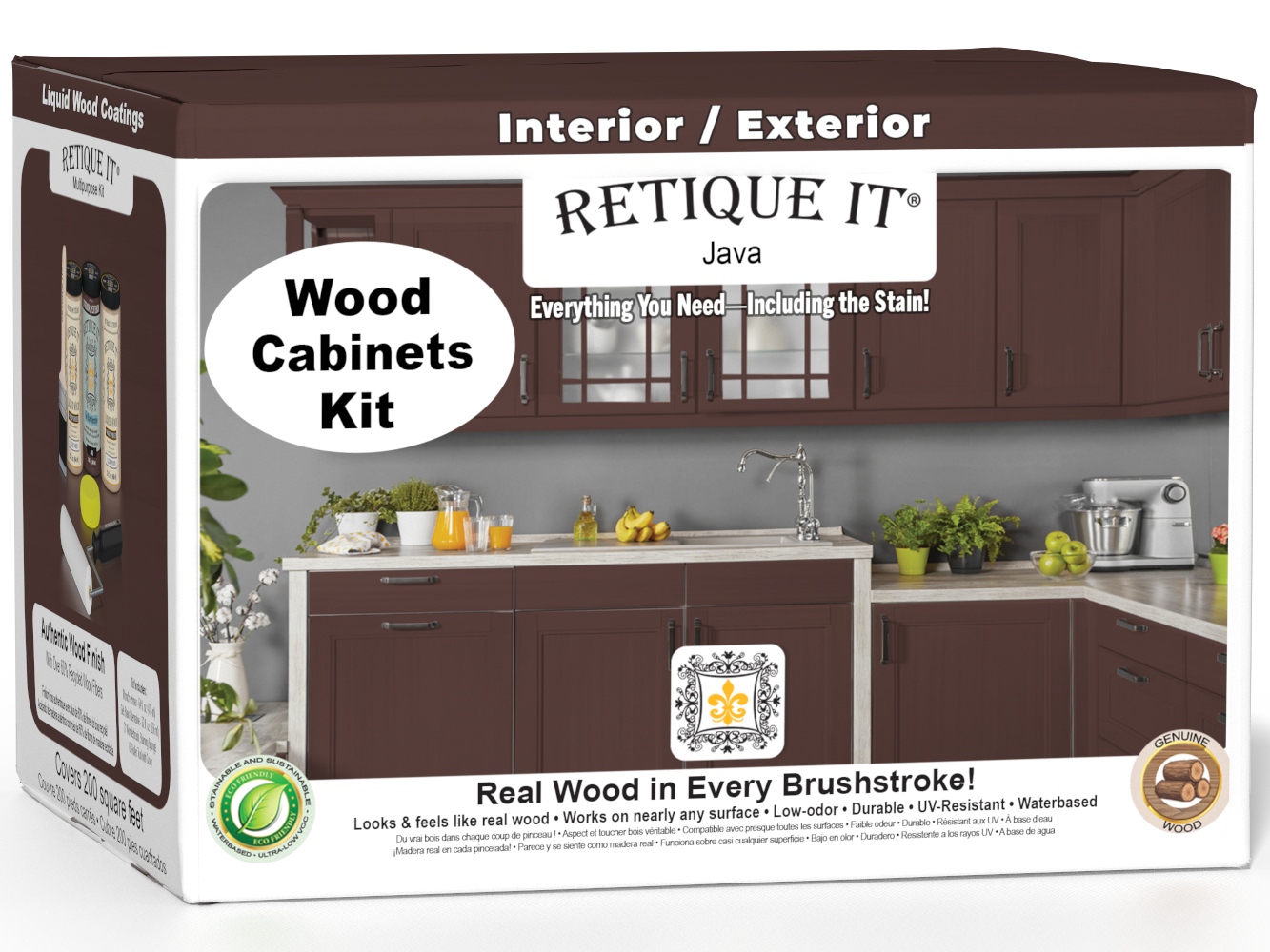 Retique It® Wood'n Cabinet Kit with 24 Java-stained smooth cabinet doors, shown in a 3D box view.