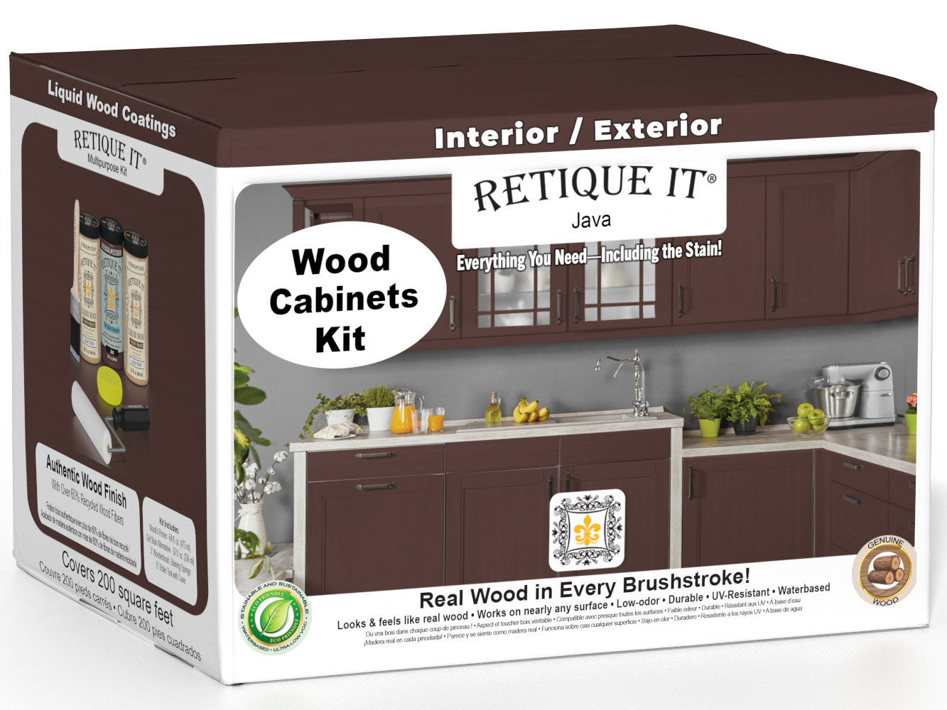 Retique It® Wood'n Cabinet Kit Java stain with 24 smooth doors for cabinets, showcasing a rich, natural wood finish.