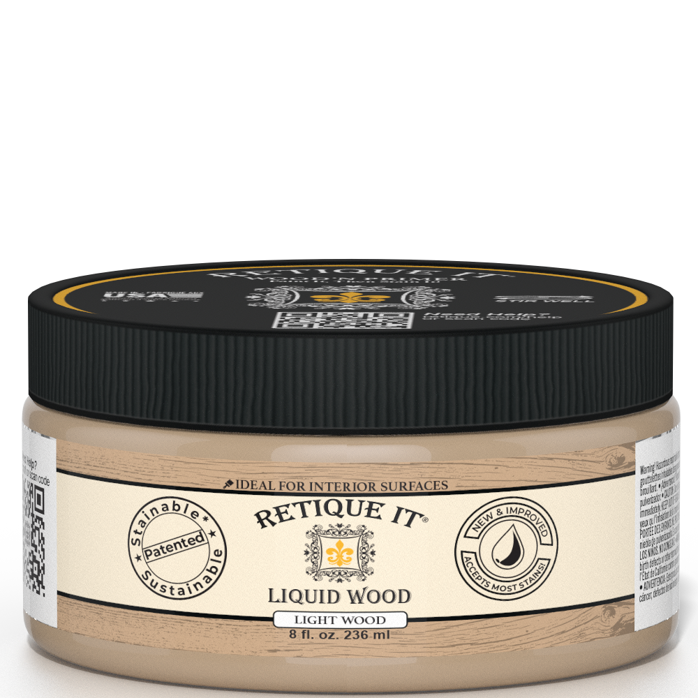 Retique It® Liquid Wood interior paint in 8oz light finish, shown in a jar, ideal for wood surface transformations.