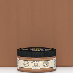 Retique It® Liquid Wood 8oz dark interior paint jar with swatch showing rich wood finish and smooth texture.