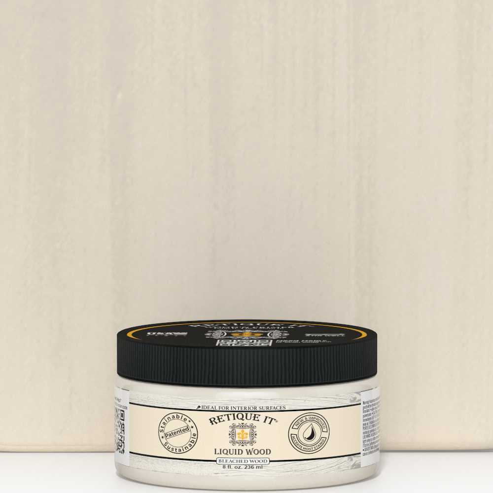 Retique It® Liquid Wood 8oz Bleached interior paint jar positioned in front of a color swatch, showcasing the product and color sample.