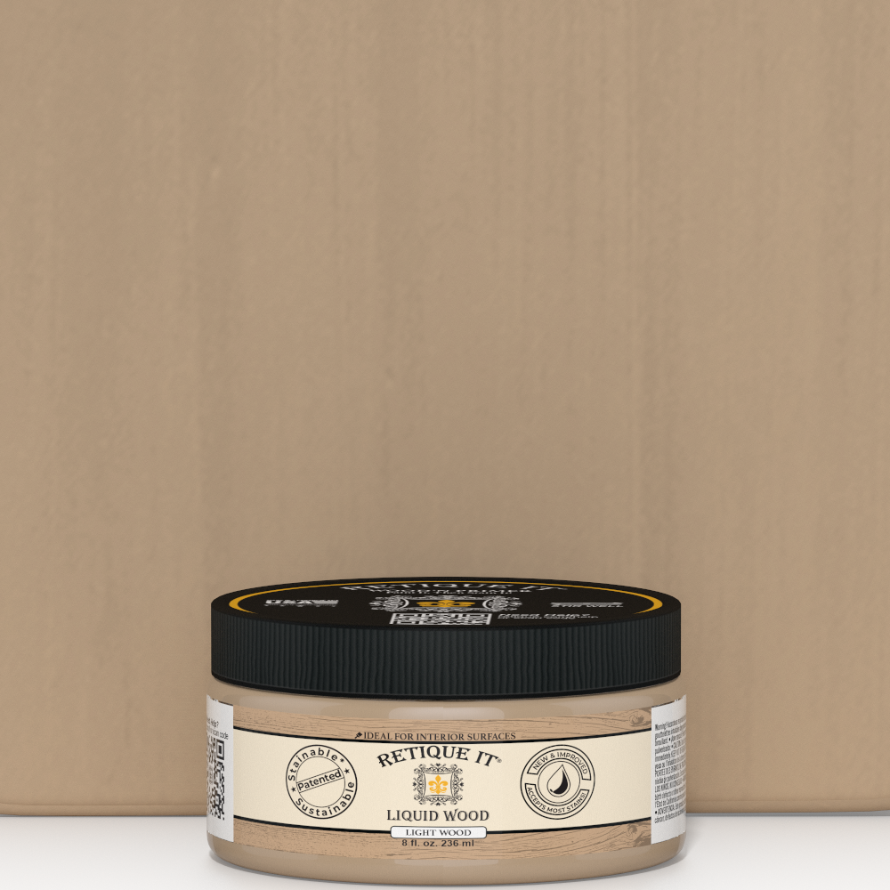 Retique It® Liquid Wood 8oz light interior paint jar placed in front of a color swatch, showcasing natural wood finish and paint texture.