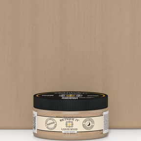 Retique It® Liquid Wood 8oz light interior paint jar placed in front of a color swatch, showcasing natural wood finish and paint texture.