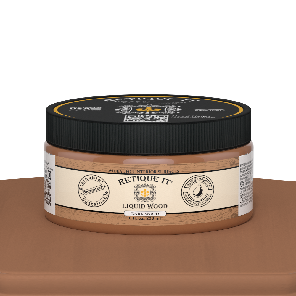 Dark liquid wood paint by Retique It® in an 8oz jar, shown on a table, ideal for interior wood finishing projects.
