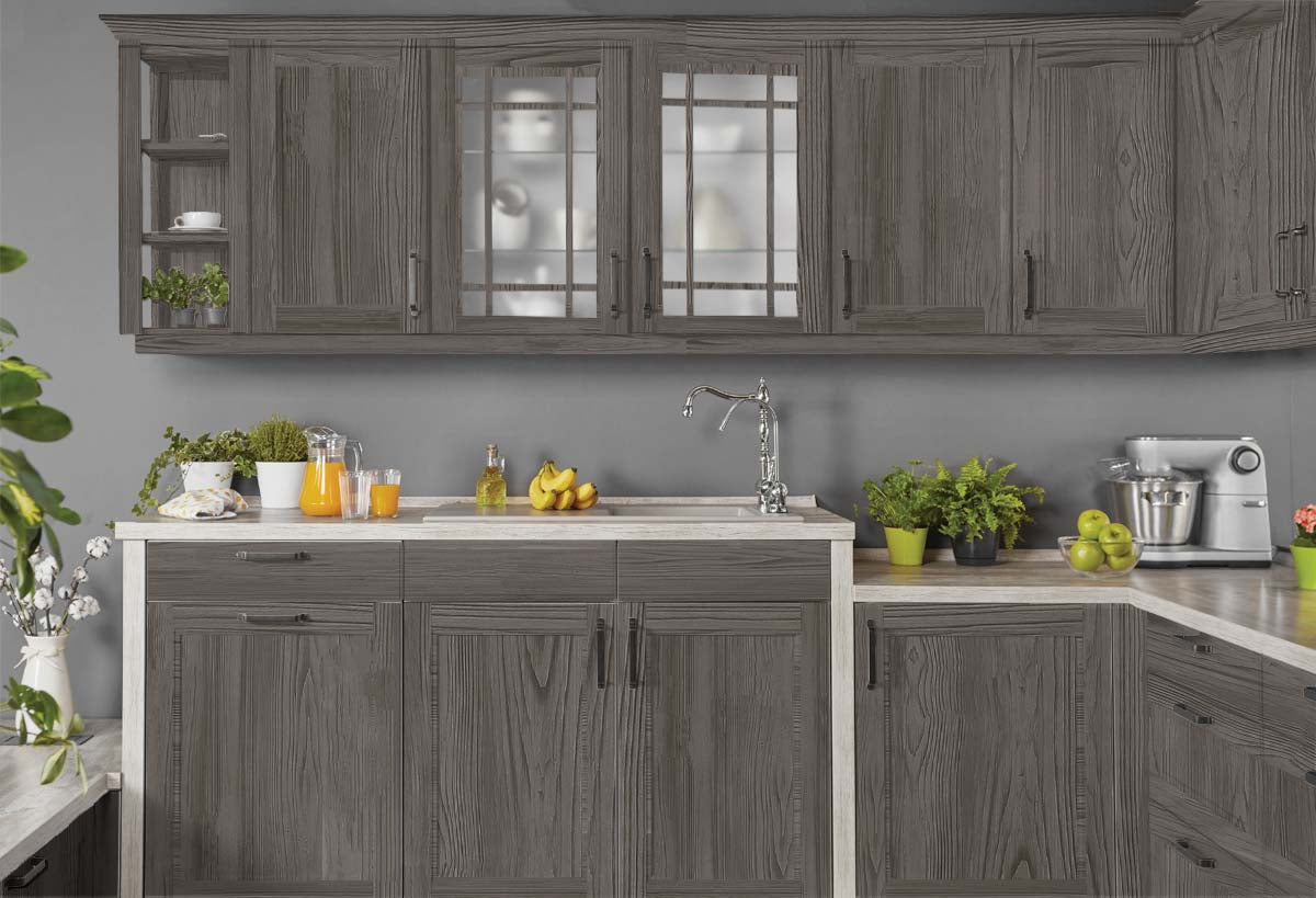 Retique It Wood'n Cabinet Kit with 24 grained Harbor Gray stain, showcasing kitchen cabinets with textured wood grain finish.