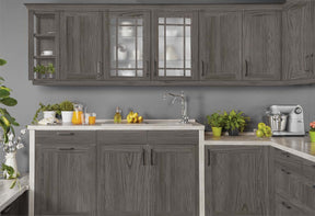 Retique It Wood'n Finish Kit in Harbor Gray, four-piece interior top coat set applied to kitchen cabinets with a grained wood texture.