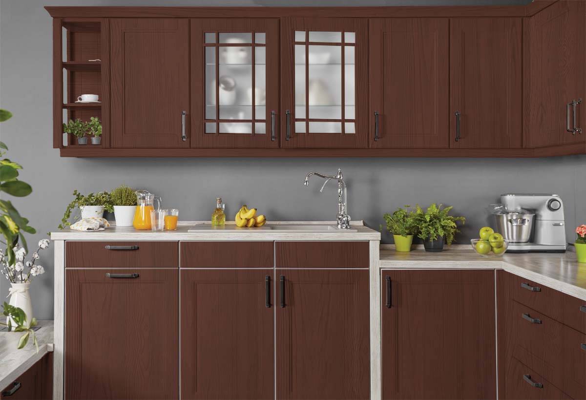Retique ItÂ® Wood'n Kit in Red Mahogany for interior wood finishing, showing four large wood finish applicator bottles.