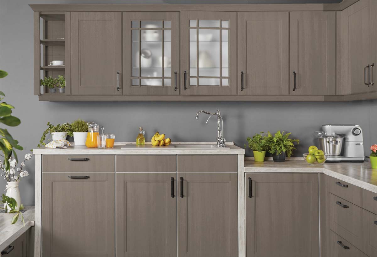 Retique It Multi-purpose Smooth Finish Kit (Large) in Harbor Gray for exterior wood surfaces, showcasing a sleek cabinet finish.