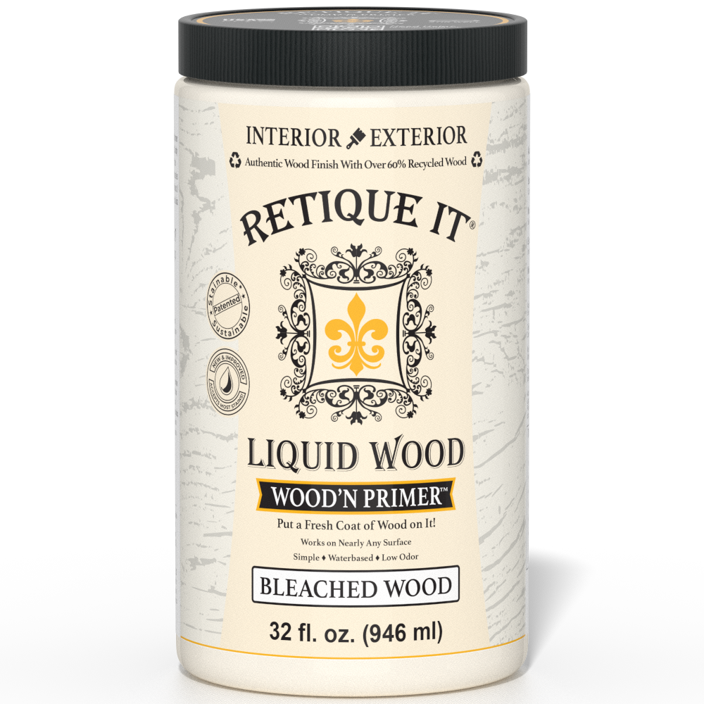 Retique It® Liquid Wood Wood'n Primer in Bleached Wood finish, 32 fl oz, showing the primer applied to a wooden surface.