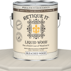 Liquid Wood bleached interior paint by Retique It® in a 128oz container, shown in a natural wood finish with a smooth application.