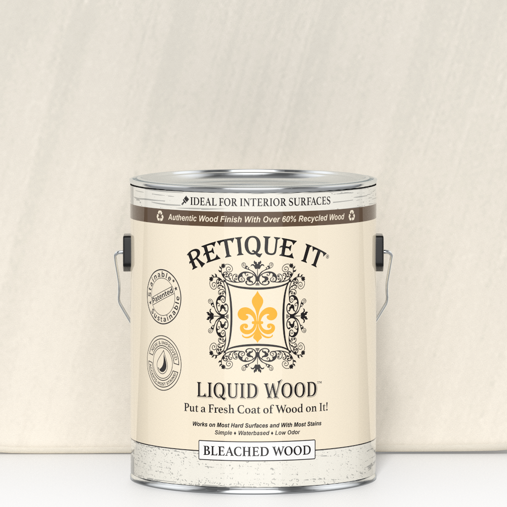 Liquid Wood bleached interior paint by Retique It® in a 128oz container, showing a smooth, painted wood surface.