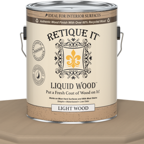 Retique It® Liquid Wood paint in light interior finish, 128oz bottle, showing the wood-like textured surface and branding.