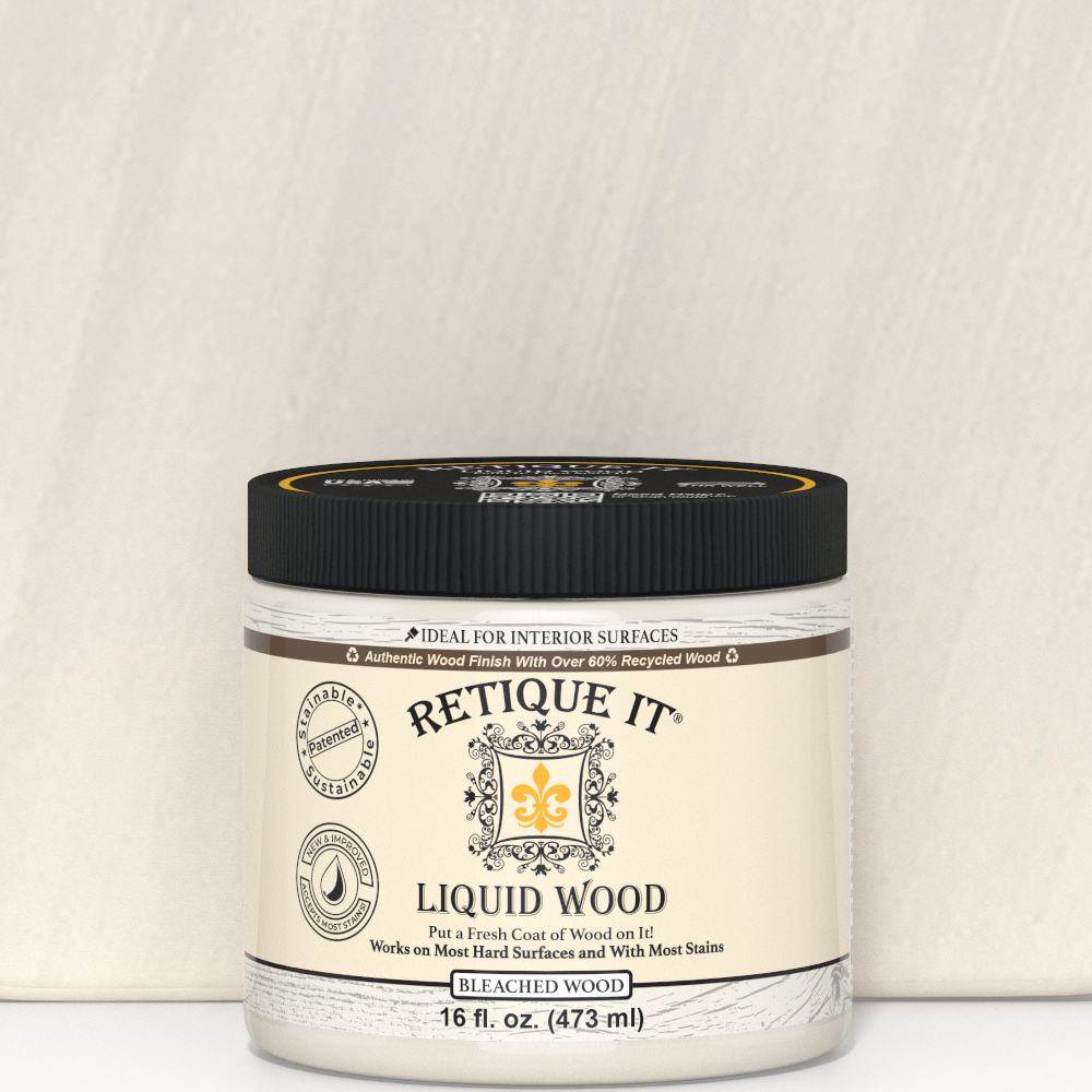 Close-up of 16oz bottle of Retique It® Liquid Wood in Bleached for interior use, showing the product label and packaging.
