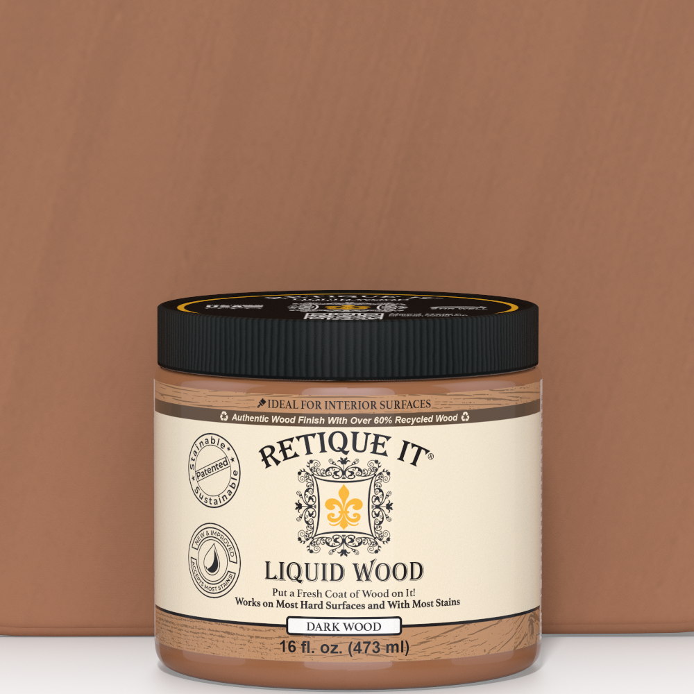 Dark Liquid Wood paint by Retique It® for interior wood surfaces, shown in a sleek, smooth application on a finished wood panel.