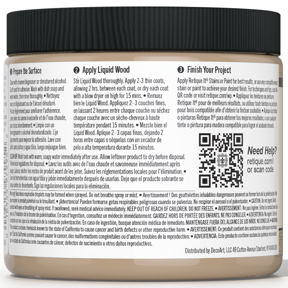 Retique It® Liquid Wood interior paint in 16oz Light color, showing the smooth, wood-like finish on a surface.
